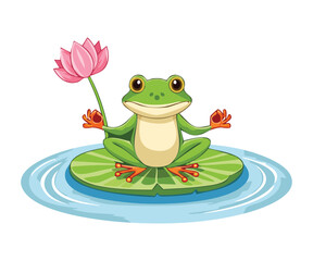 Happy Frog Posing on Lilypad with Lotus Flower