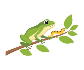 Cute Green Frog Watching Caterpillar on Branch