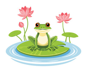 Cute Green Frog Sitting on Lilypad with Lotus