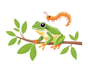 Striped Green Frog and Caterpillar on Branch
