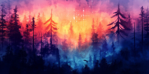 Colorful abstract forest sunset artwork with digital network overlay