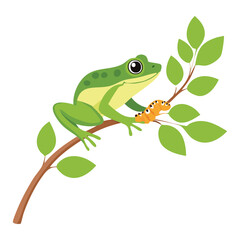 Cute Green Frog Sitting on Tree Branch