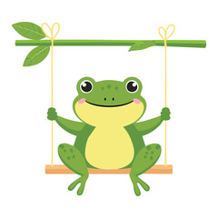Happy Green Frog Swinging on Wooden Swing