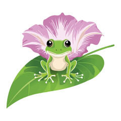 Adorable Green Frog Under Purple Flower Blossom