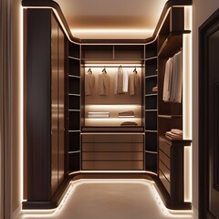 AI Generative. Luxurious Dark Wood Walk-in Closet with Ambient Lighting. 5