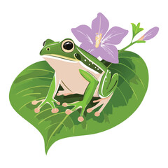 Cute Green Frog Resting on Purple Morning Glory