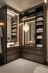 AI Generative. Luxurious Dark Wood Walk-in Closet with Ambient Lighting. 6