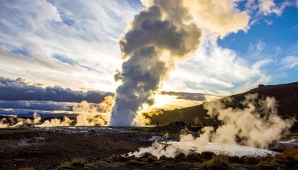 Geothermal vent erupting steam against sunset