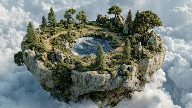 Magical fantasy floating island with conifer trees and swirling lake hovering above the clouds, surrounded by soft natural light &mdash; video for fantasy branding, game environments, storytelling visuals