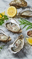 Fresh oysters on ice with lemon and spices for gourmet seafood dining