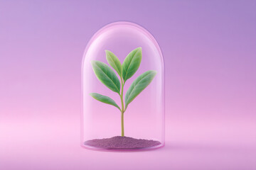 Green sprout thriving under glass dome in a soft pastel environment