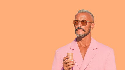 Chic man in pink suit holding a skincare product against a warm background