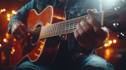 Obraz premium Close-up of a man playing a 12-string acoustic guitar in a dimly lit setting.