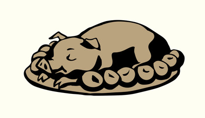 Vector drawing. Tasty pig on the plate