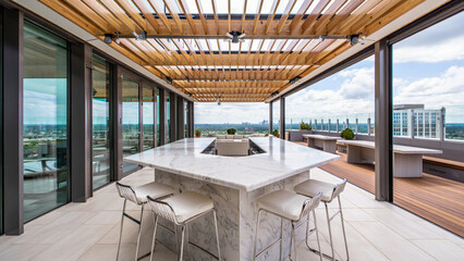 Fototapeta premium Modern Rooftop Terrace with Marble Bar, City Views, and Wooden Pergola