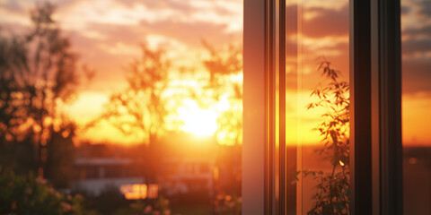 Golden hour sunset reflected in a window at dusk