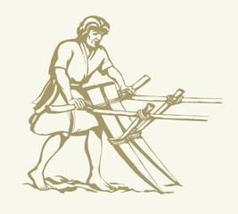 Vector drawing. Man with old wooden plow