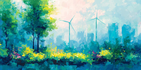 Impressionist painting of cityscape nature with windmills and trees