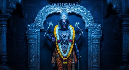 Shani Dev Idol Lit with Blue Hue in Mystical Temple Setting