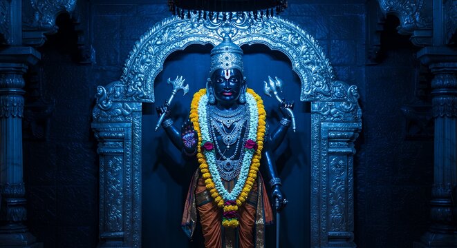 Shani Dev Idol Lit with Blue Hue in Mystical Temple Setting