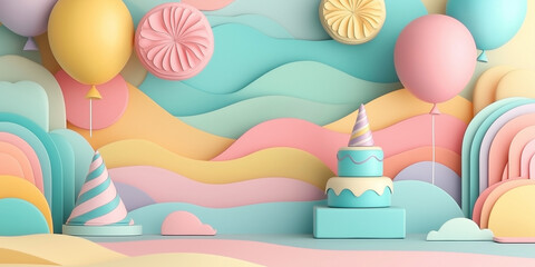 Pastel birthday celebration background with balloons party decorations and cake