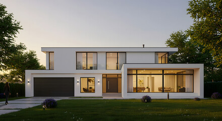 Modern Minimalist Two-Story House with Sunset Illumination