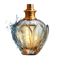 Elegant Crystal Perfume Bottle with Splash Effect Isolated on Transparent Background

