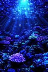 Sunlight pierces through deep ocean water, illuminating vibrant coral reefs teeming with marine life in a mesmerizing underwater scene.