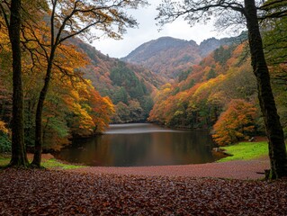 A serene autumn landscape with colorful trees surrounding a calm lake, mountains in the background, and fallen leaves covering the forest floor.