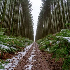 A narrow dirt path runs through a symmetrical forest of tall pine trees with green ferns dusted by a light layer of snow.