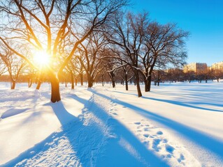 Winter scene at sunrise with bare trees casting long shadows on fresh snow in a peaceful park under a clear blue sky.
