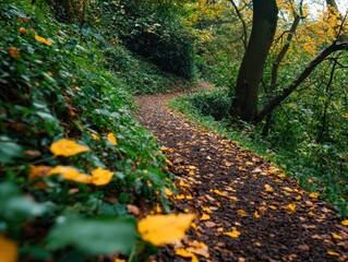A winding forest path covered in fallen yellow leaves, surrounded by lush green foliage and tall trees during autumn.