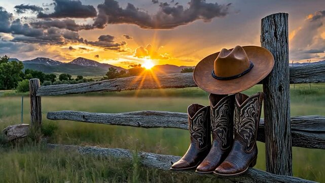Cowboy hat and boots on a rustic wooden fence at sunset