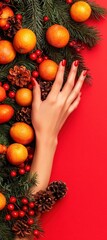 A hand with red nail polish rests among pine cones, tangerines, berries, and pine branches on a vibrant red background, evoking festive holiday decor.