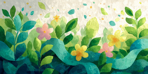 Watercolor flowers and lush greenery illustration on textured background