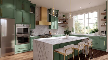 Modern green kitchen boasting white quartz countertops and gold hardware .