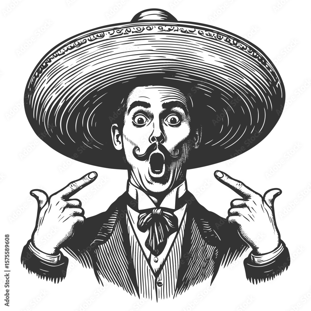 Poster man in a large sombrero, dramatically pointing at his curled mustache with intensity sketch engravin