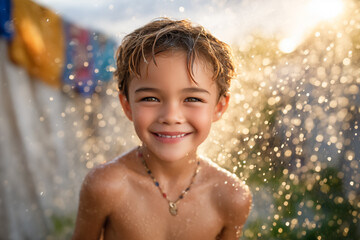 Obraz premium Boy smiling and looking at camera while enjoying playful water splash. Bright sunlight enhances joyful atmosphere in backyard setting. Concept of childhood fun, summer activities, family bonding