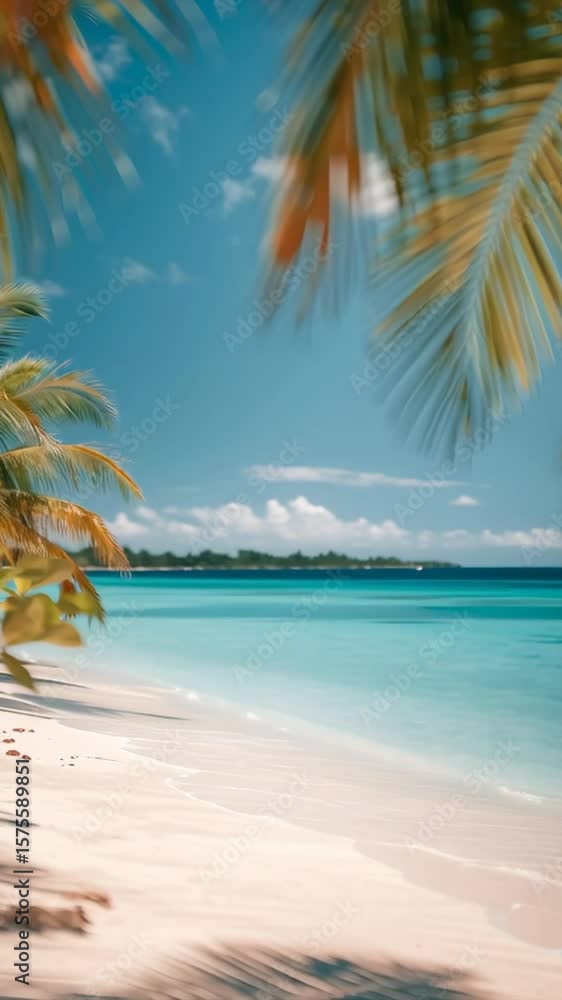 Poster a palm tree is in the foreground of a beach scene. the palm tree is casting a shadow on the sand. th