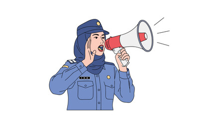 Police officer in uniform with headscarf speaking loudly through megaphone announcing important information to public