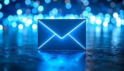 Glowing blue email icon on dark surface