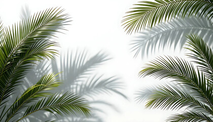 Green Palm Leaves and Their Shadows on a White Background with Copy Space - Ideal for Tropical, Summer, Vacation, Relaxation, and Natural Design Concepts
