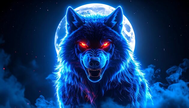 Glowing blue wolf, moon backdrop - Powered by Adobe