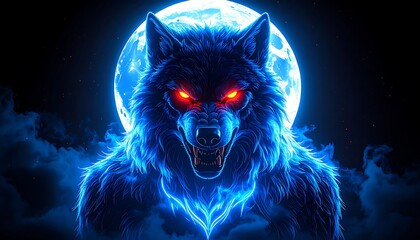 Glowing blue wolf, red eyes, full moon