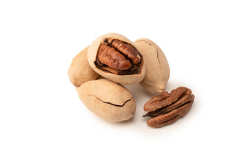 Pecan-nut in a shell isolated on white background. Top view.