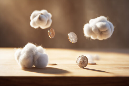 Conceptual series: Coins raining from fluffy clouds – a surreal metaphor for unexpected wealth, passive income, or financial dreams floating in the air.