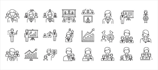 A pixel-perfect linear icon collection featuring business concepts like teamwork, leadership, growth, and partnership.

