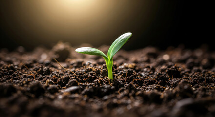 Young Green Sprout Emerging from Rich Soil with Sunlight