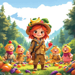 Fototapeta premium Fruit Explorer and Forest Friends – Vector Illustration of Characters in Nature with Harvest Hats, Pumpkins, Strawberries, and Grapes