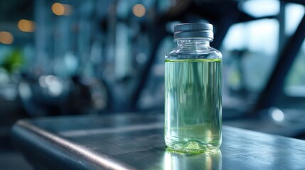 Clear Glass Vial with Green Liquid in a Modern Lab Setting